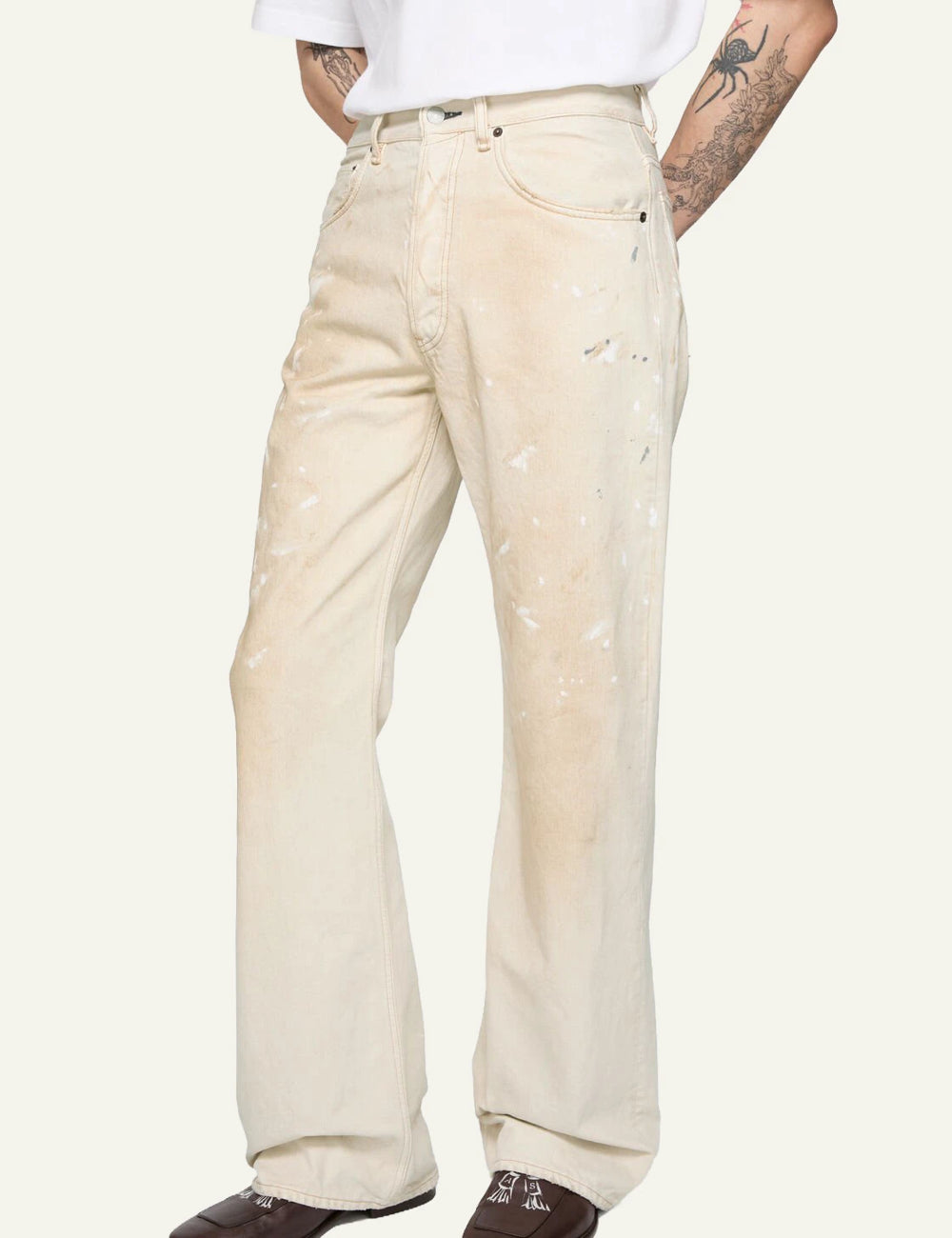 Acne Studios jeans ecru dirty wash wide straight leg paint marks side view