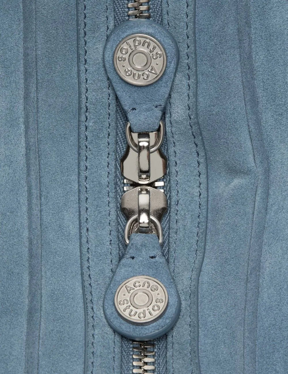 Acne Studios light blue suede shoulder bag with multiple zip pockets and silver-tone hardware detail view