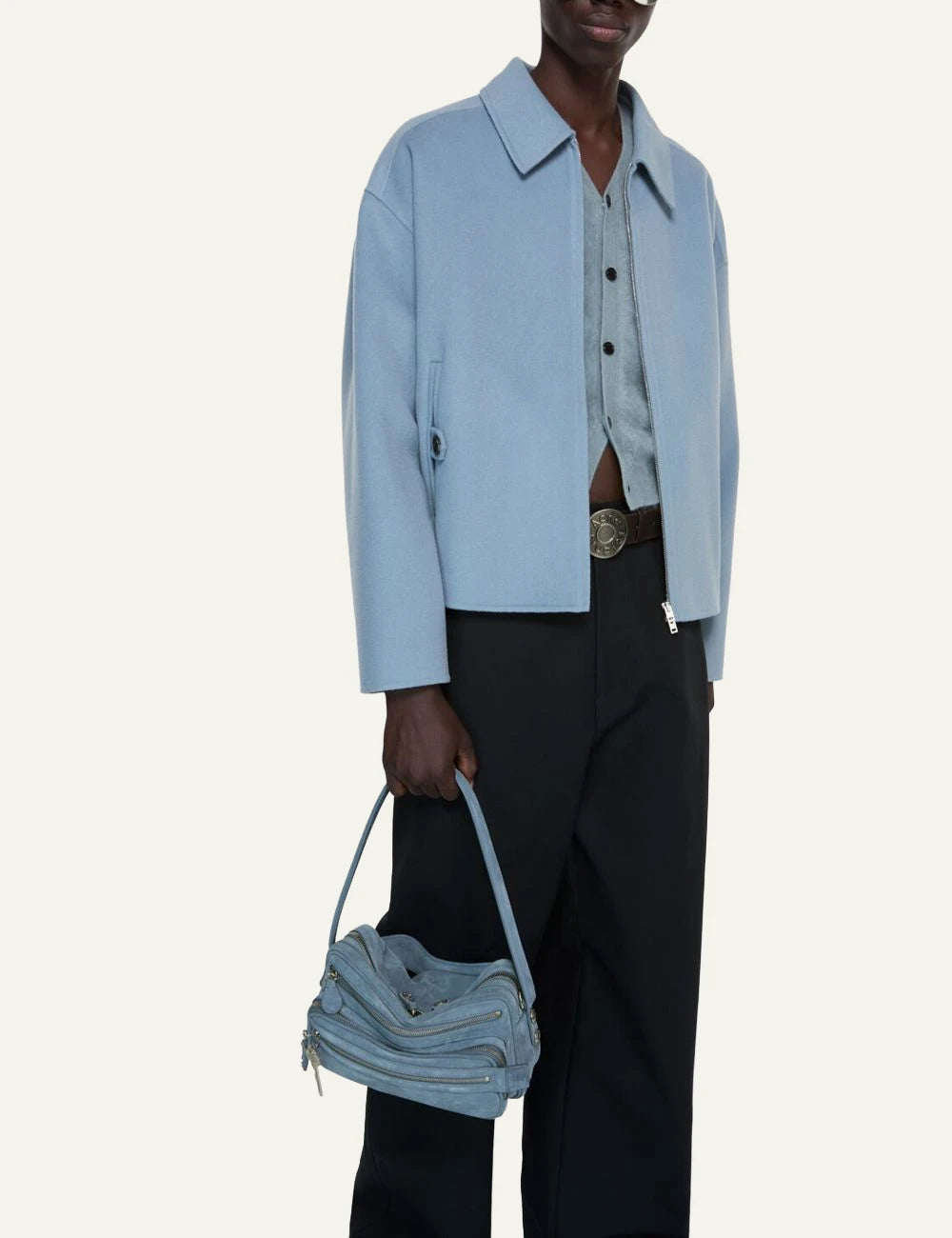 Acne Studios light blue suede shoulder bag with multiple zip pockets and silver-tone hardware full body view