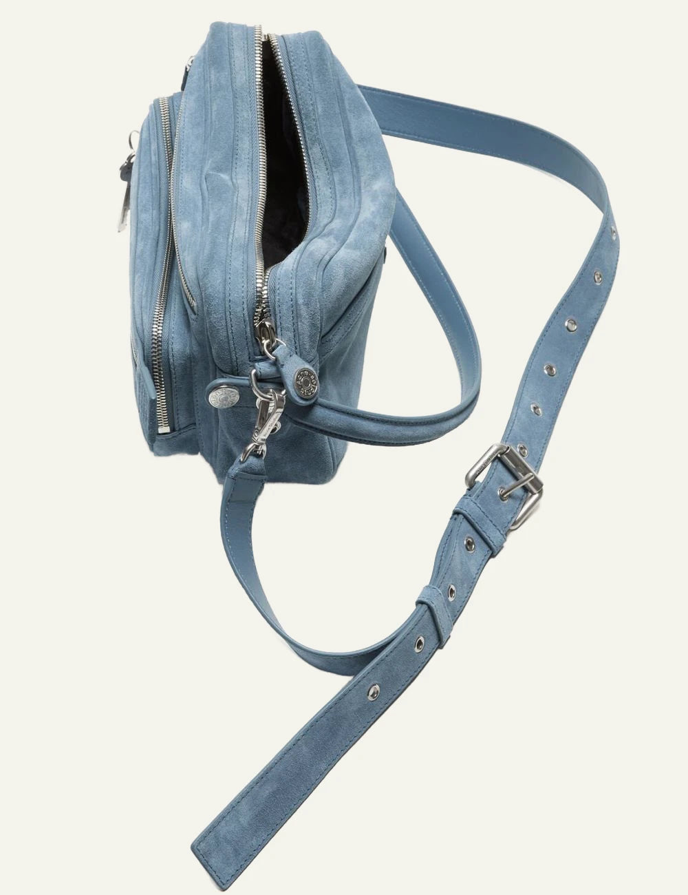 Acne Studios light blue suede shoulder bag with multiple zip pockets and silver-tone hardware top view