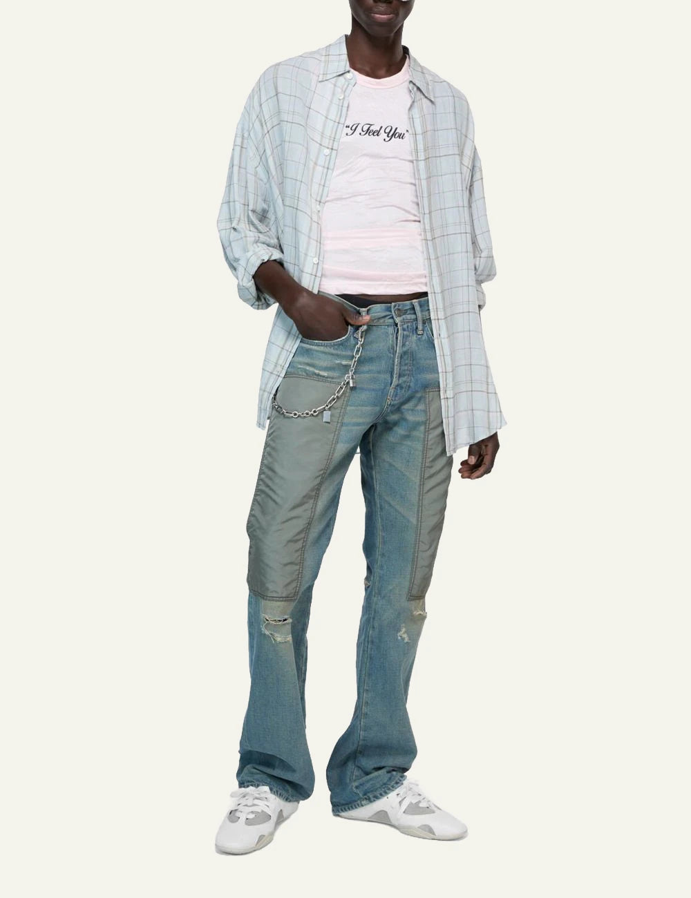 acne studios linen blend check shirt light blue front full body view