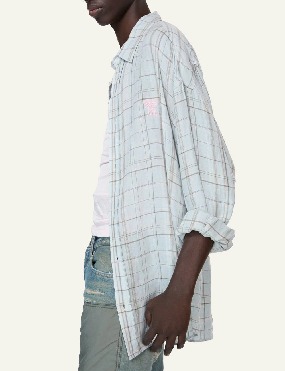 acne studios linen blend check shirt light blue side view