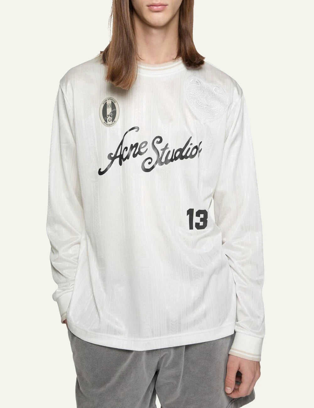 Acne Studios long sleeve t-shirt white jersey style artwork number 13 front model view