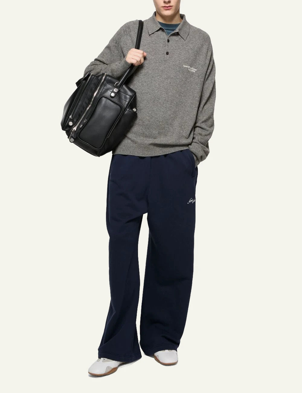 Acne Studios men's grey yak wool blend knitted polo sweater full body
