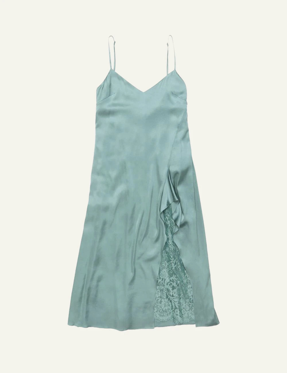 Acne Studios mint green slip dress with thin straps and lace panel detail front flat view