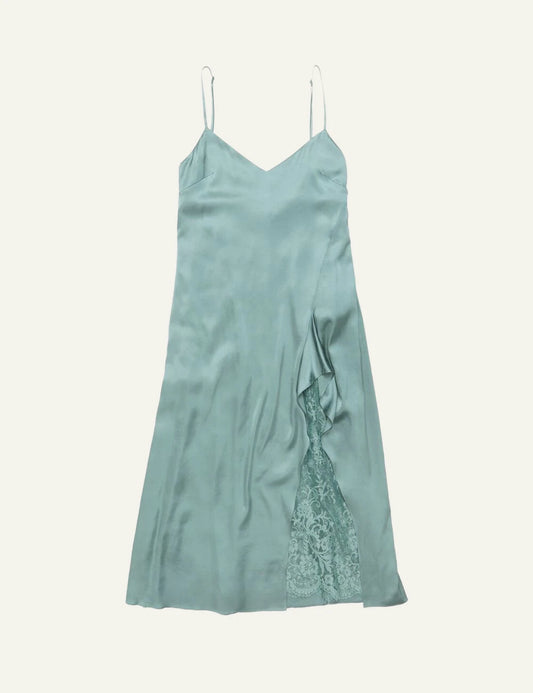 Acne Studios mint green slip dress with thin straps and lace panel detail front flat view