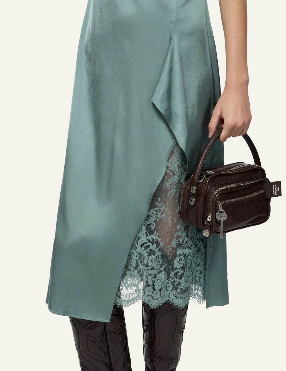 Acne Studios mint green slip dress with thin straps and lace panel detail front model view