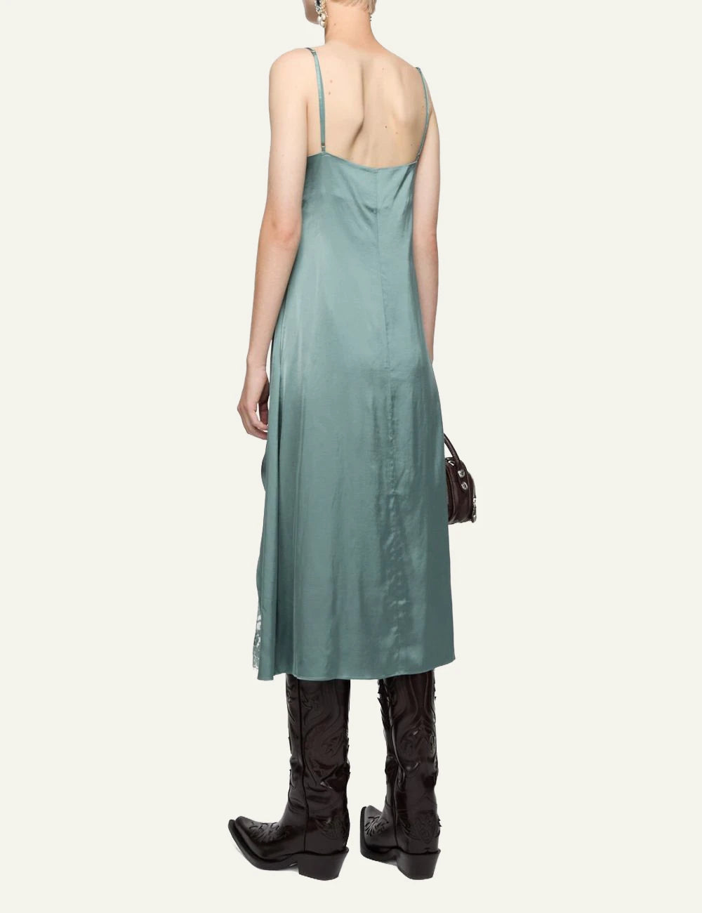 Acne Studios mint green slip dress with thin straps and lace panel detail side model view