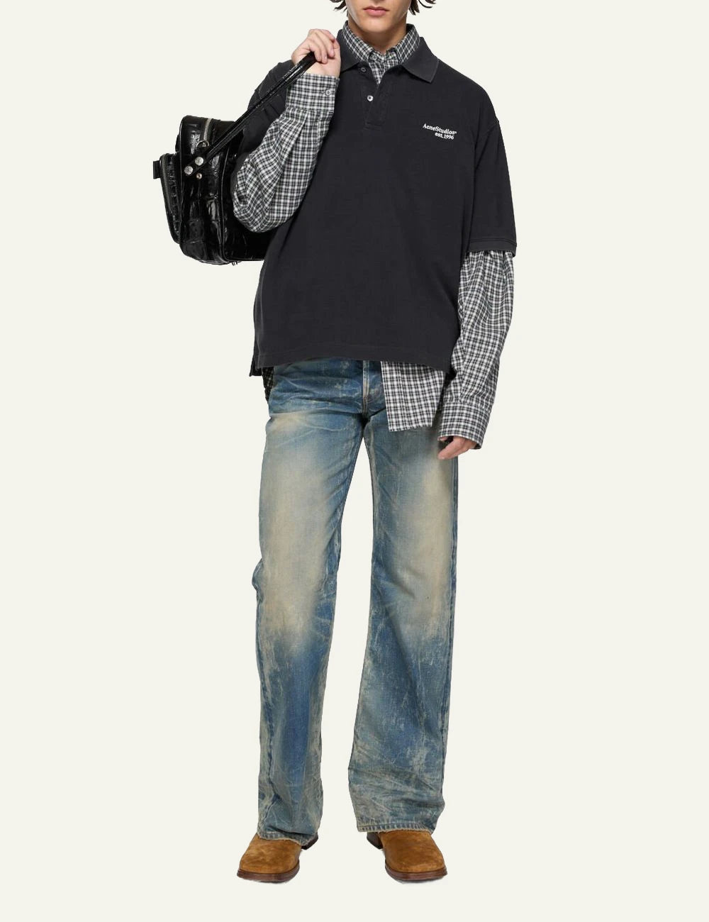 Acne Studios polo t-shirt black organic cotton relaxed fit front full body view
