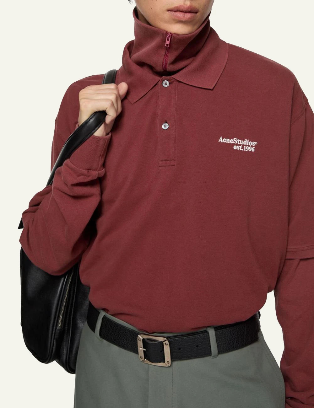 Acne Studios polo t-shirt burgundy organic cotton relaxed fit front model view