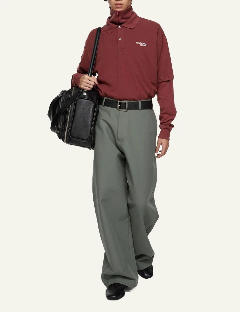 Acne Studios polo t-shirt burgundy organic cotton relaxed fit front full body view
