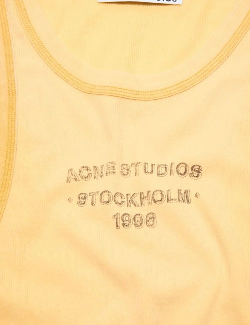 Acne Studios ribbed tank top yellow sun kissed fade fitted logo front detail view