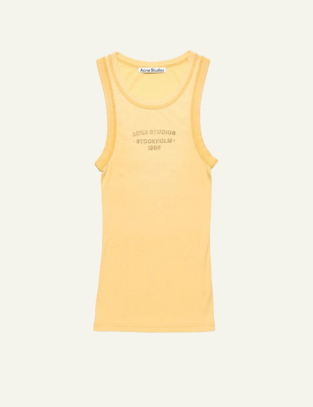 Acne Studios ribbed tank top yellow sun kissed fade fitted logo front flat view