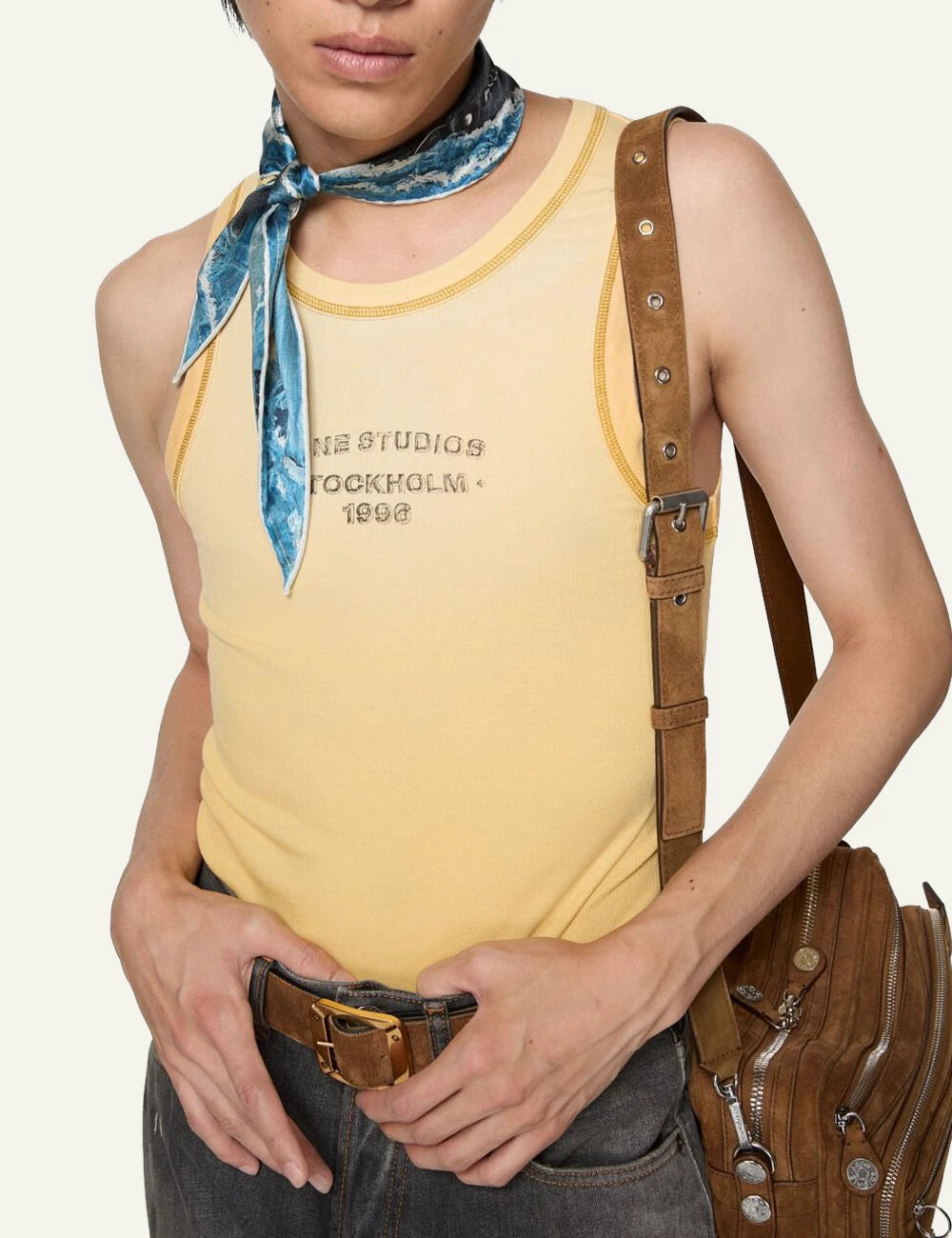 Acne Studios ribbed tank top yellow sun kissed fade fitted logo front model view