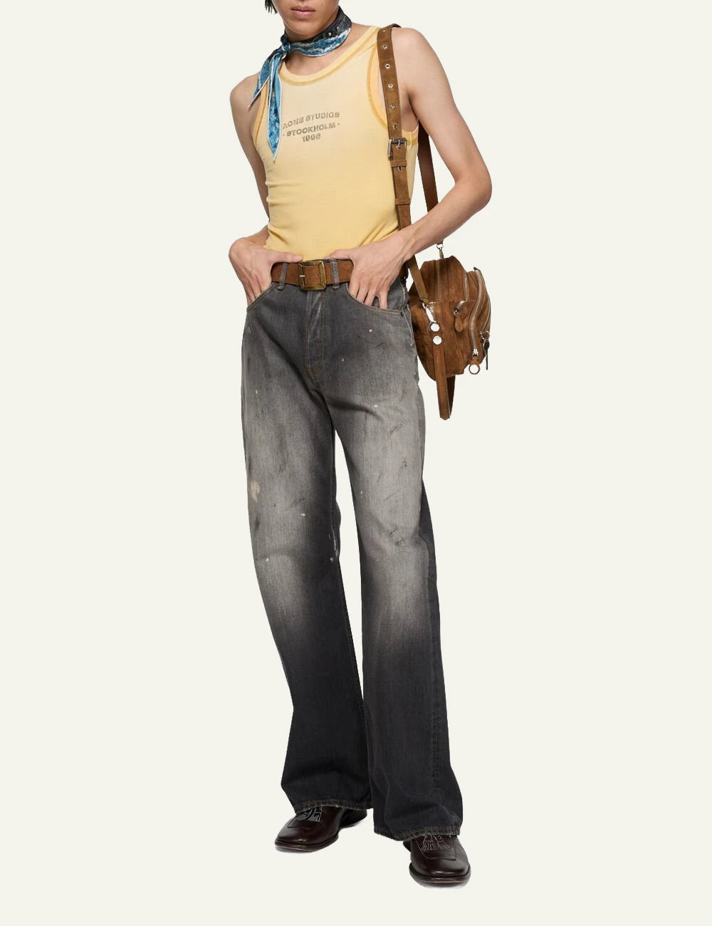 Acne Studios ribbed tank top yellow sun kissed fade fitted logo front full body view