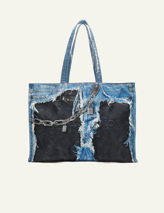 acne studios tote bag trompe loeil denim print canvas front view.
