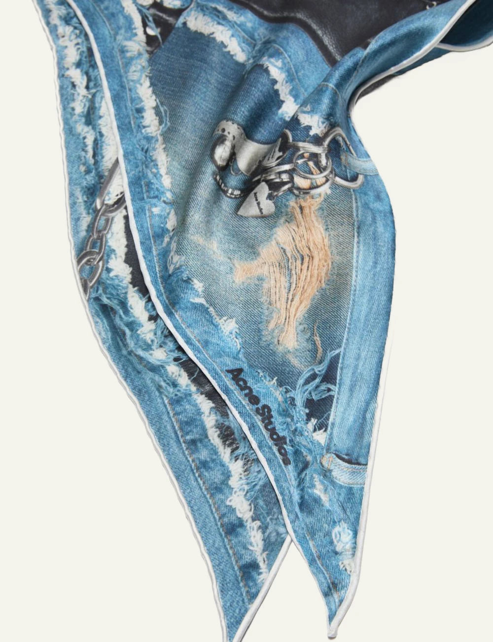 Acne Studios triangle scarf silk denim chain print tied detail view