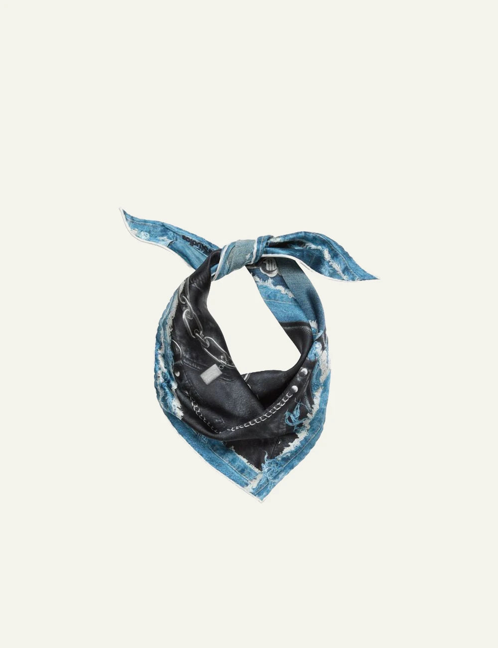 Acne Studios triangle scarf silk denim chain print tied front view