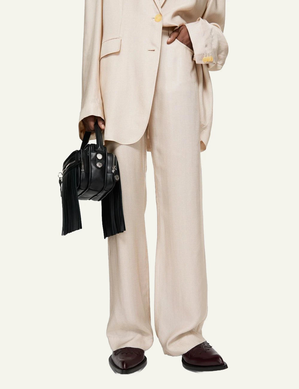 Acne Studios trousers beige check twill mid waist straight front model view