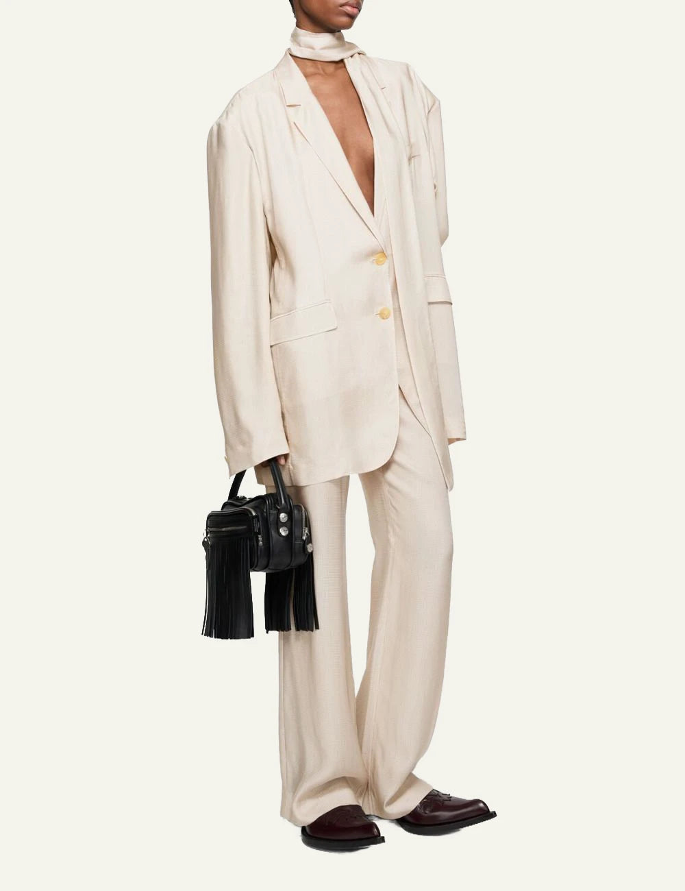 Acne Studios trousers beige check twill mid waist straight front full body view