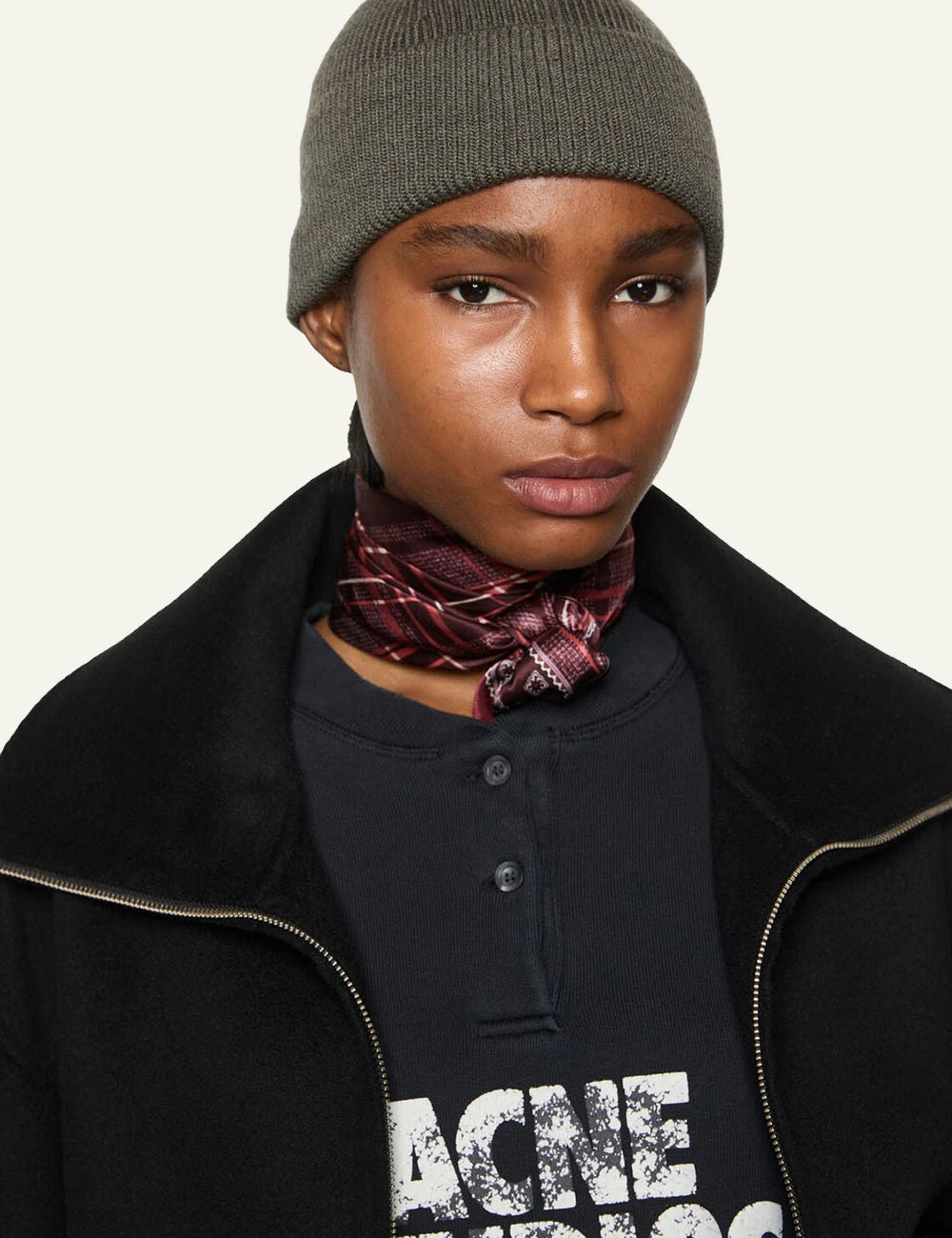 Acne Studios unisex khaki merino wool ribbed knit beanie model