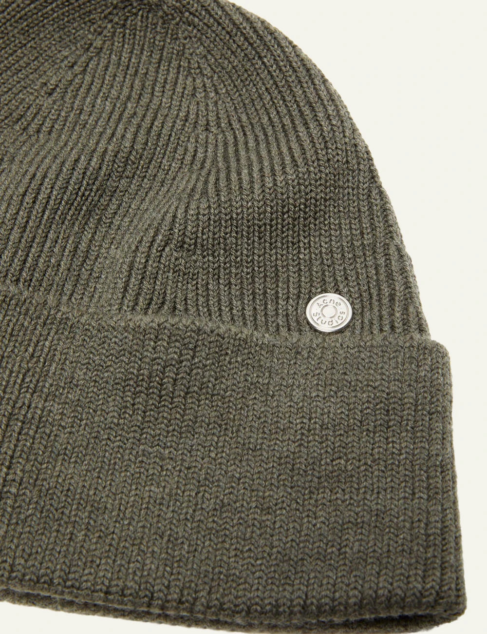 Acne Studios unisex khaki merino wool ribbed knit beanie detail