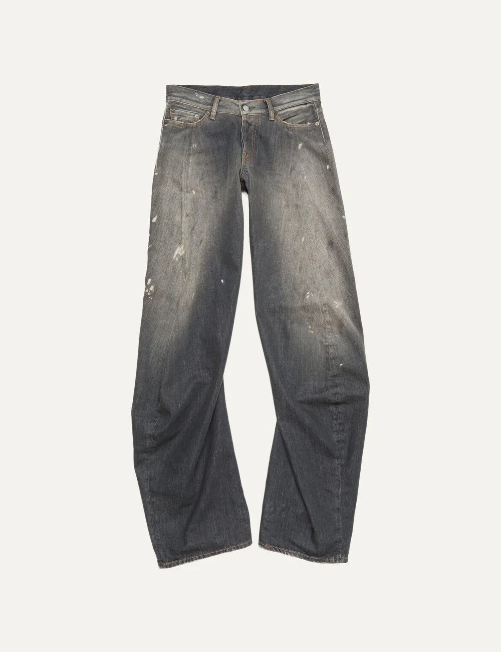Acne Studios women's 2006F Black Trafalgar jeans in faded black denim with a dirty wash, hand-applied paint splatters, low waist, loose fit and extra-long wide legs.