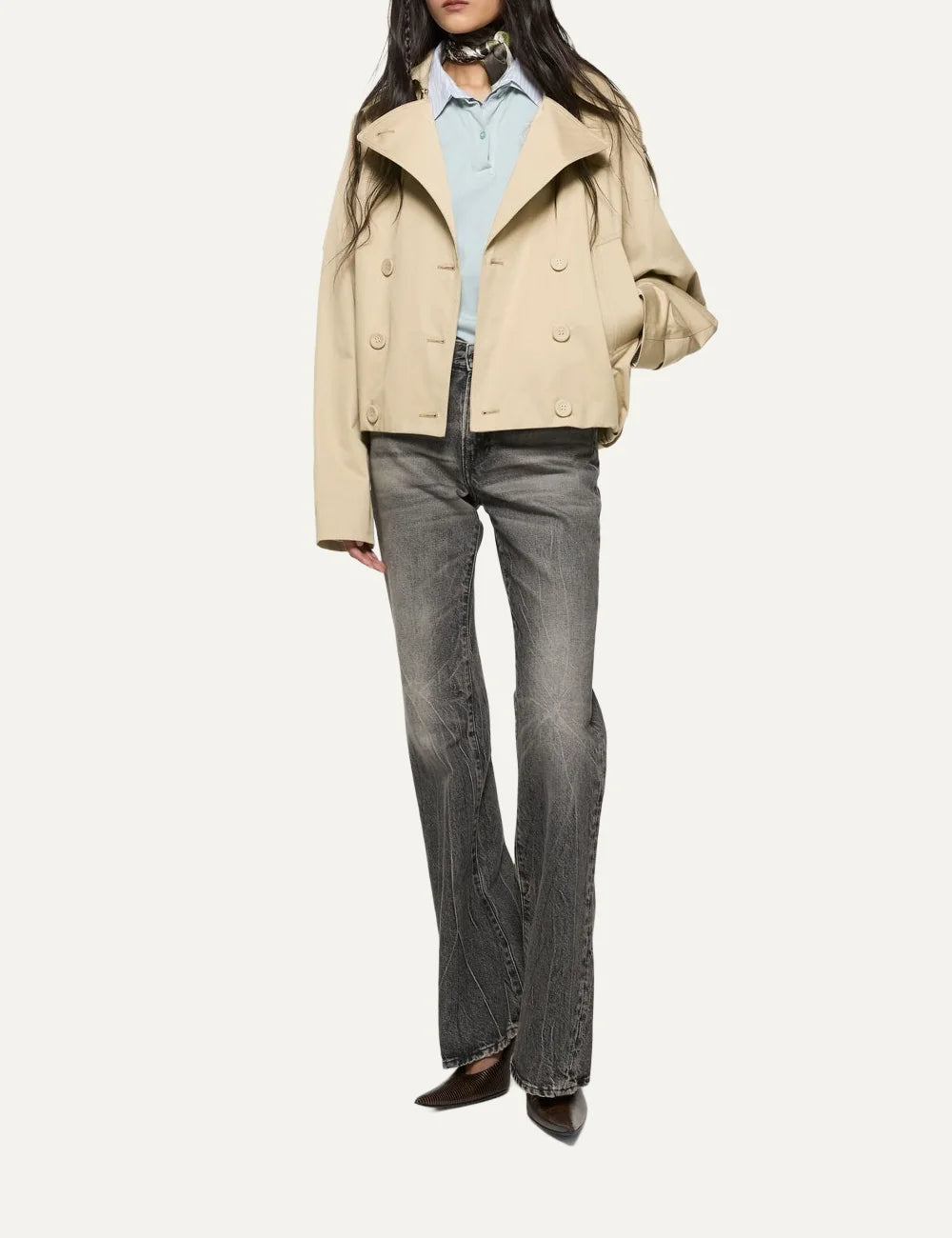 Acne Studios women's beige cropped cotton twill trench coat with oversized lapels, double-breasted button closure, shoulder epaulettes, relaxed fit and gathered balloon hem full body