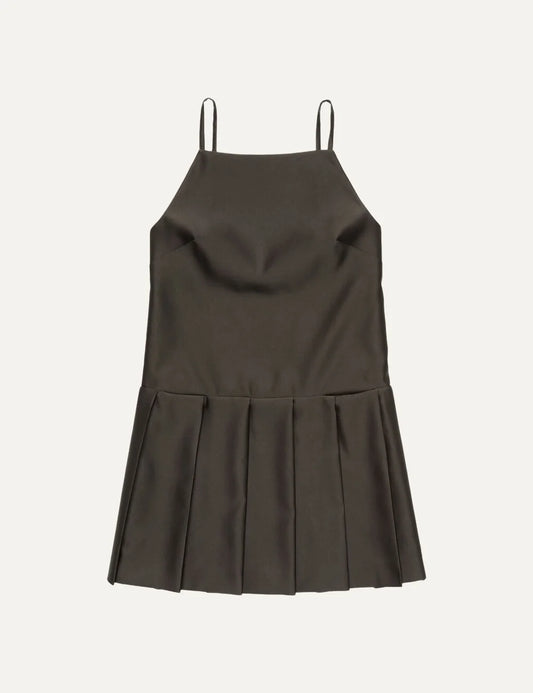 Acne Studios women's dark grey mini dress with a subtle sheen, straight neckline, thin adjustable spaghetti straps, fitted bodice and pleated skirt.