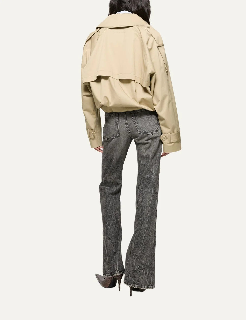 Acne Studios women's beige cropped cotton twill trench coat with oversized lapels, double-breasted button closure, shoulder epaulettes, relaxed fit and gathered balloon hem back