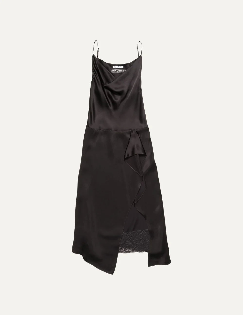 Acne Studios women's dark brown satin midi slip dress with a draped cowl neckline, adjustable spaghetti straps, front ruffled slit and delicate dark brown lace underlayer.