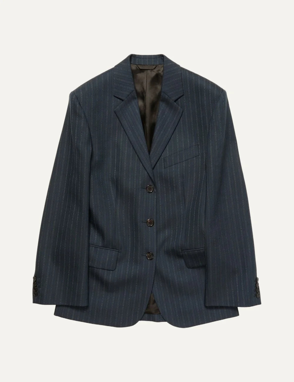 Acne Studios women's dark navy blue wool tailored blazer with subtle contrast pinstripes, notched lapels, three-button front closure and flap pockets.