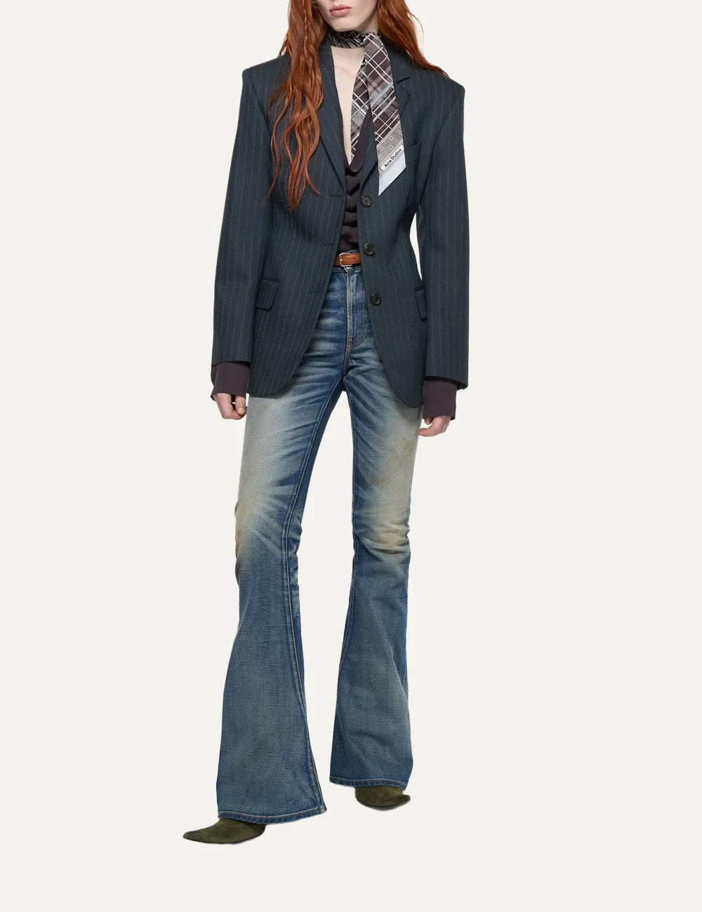 Acne Studios women's dark navy blue wool tailored blazer with subtle contrast pinstripes, notched lapels, three-button front closure and flap pockets full body