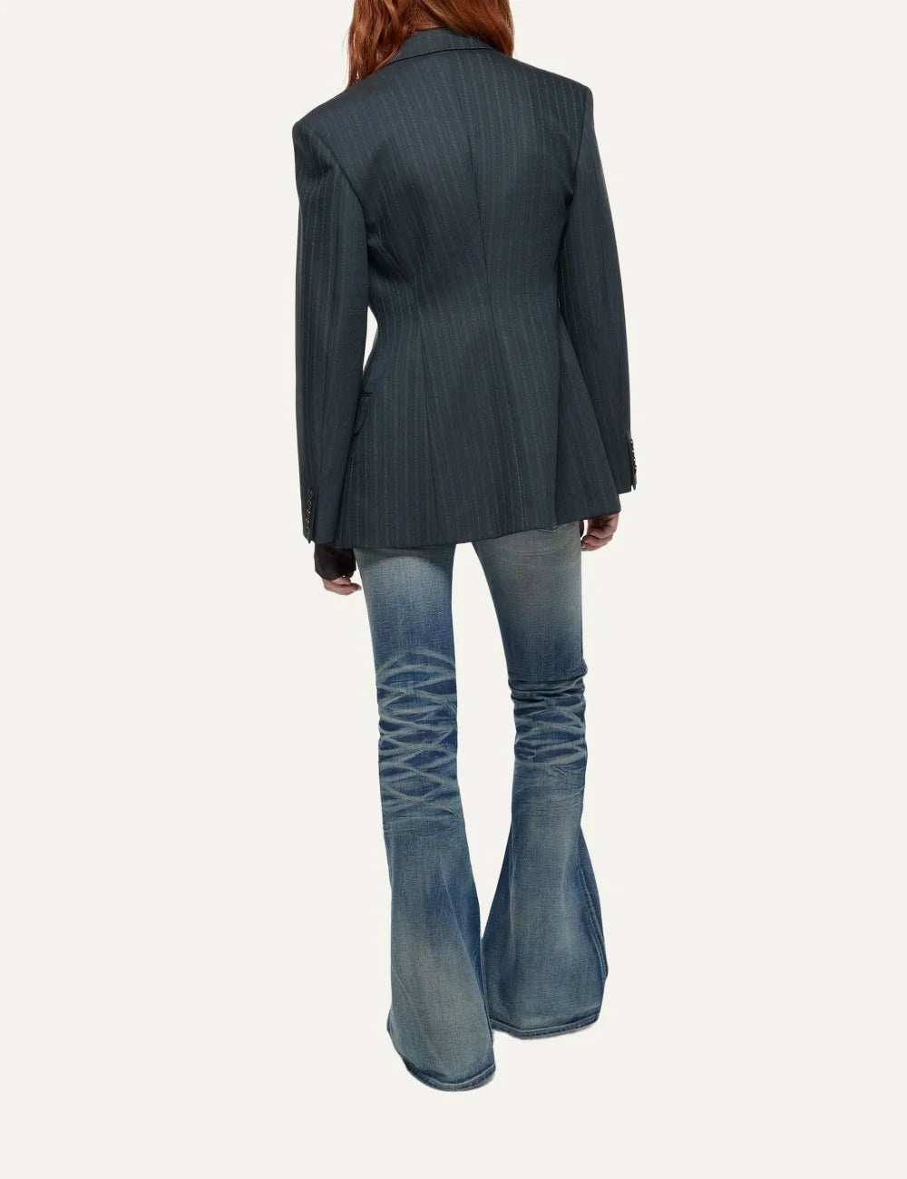 Acne Studios women's dark navy blue wool tailored blazer with subtle contrast pinstripes, notched lapels, three-button front closure and flap pockets back