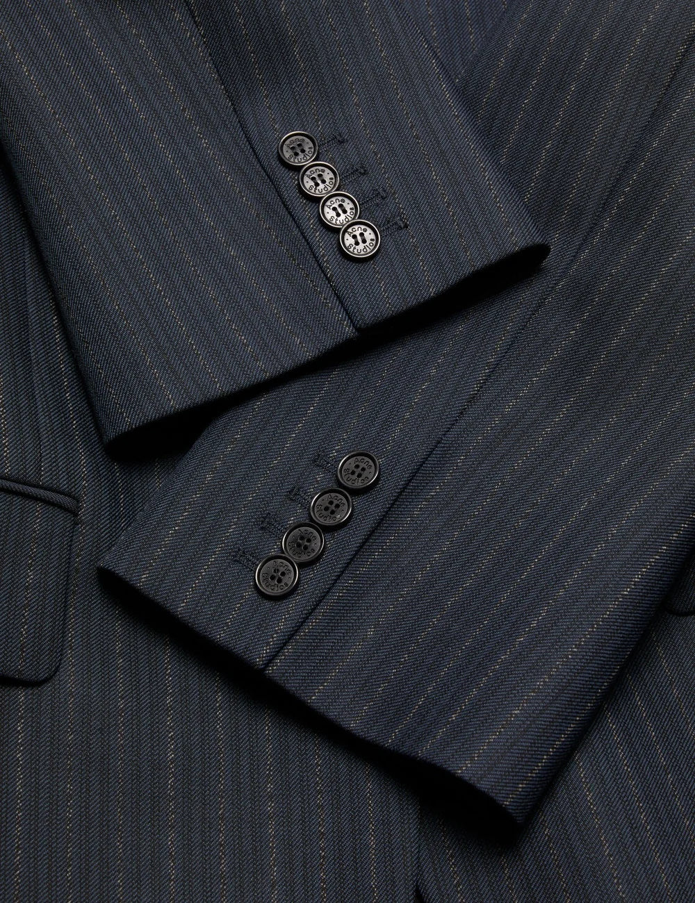 Acne Studios women's dark navy blue wool tailored blazer with subtle contrast pinstripes, notched lapels, three-button front closure and flap pockets detail