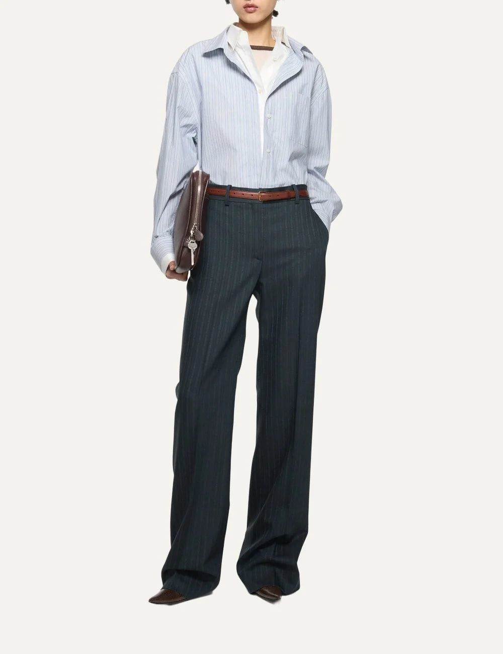 Acne Studios women's dark navy blue tailored wool suit trousers with fine contrast pinstripes, mid-rise waist, regular fit and extra-long straight legs full body