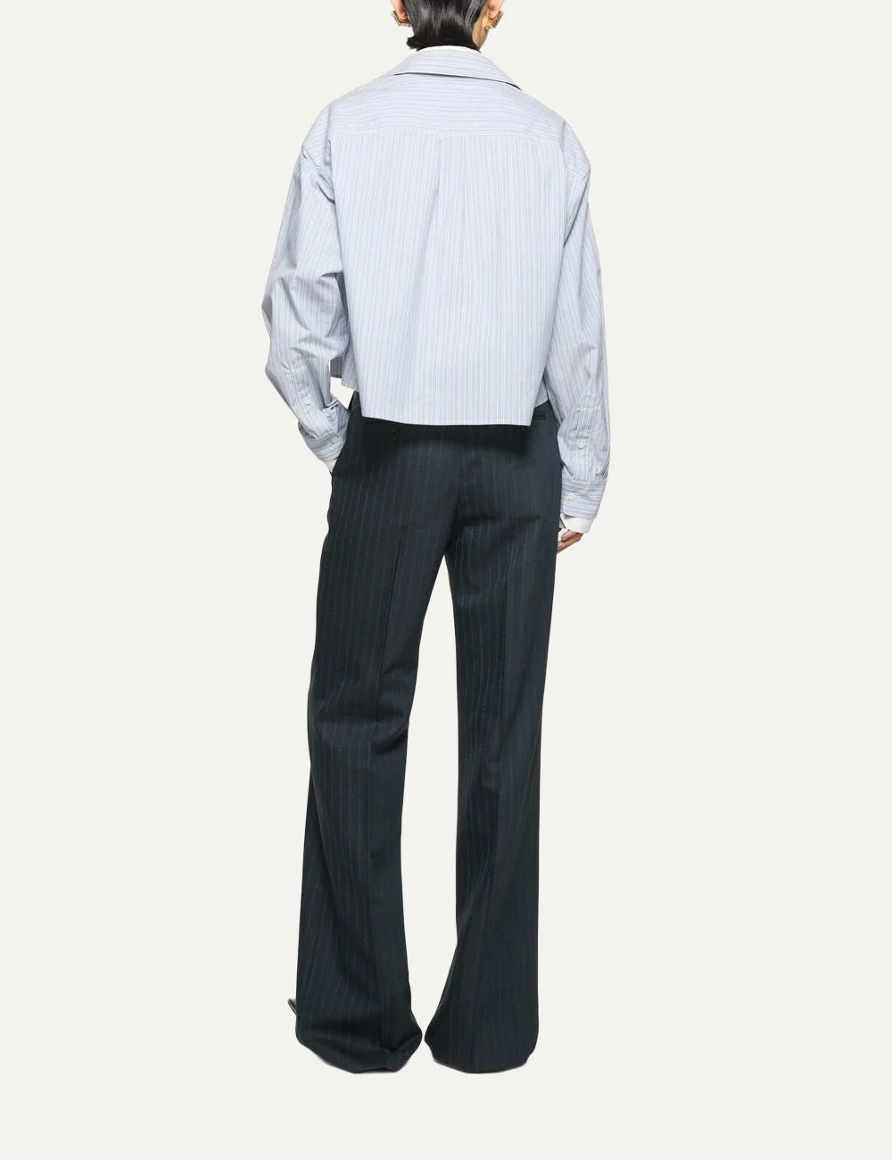 Acne Studios women's dark navy blue tailored wool suit trousers with fine contrast pinstripes, mid-rise waist, regular fit and extra-long straight legs back