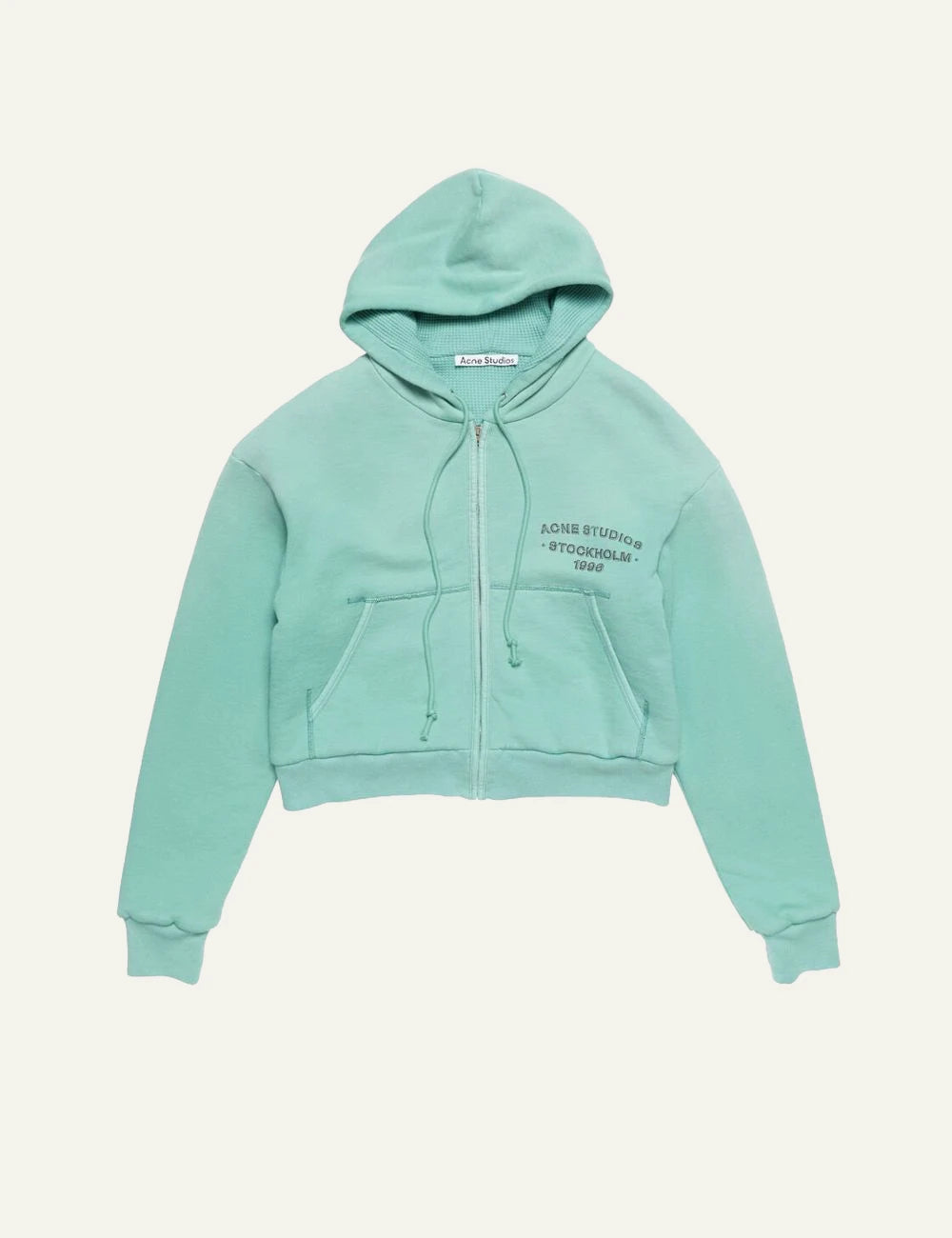 Acne Studios zip hoodie green sun kissed fade fleece logo chest front flat view