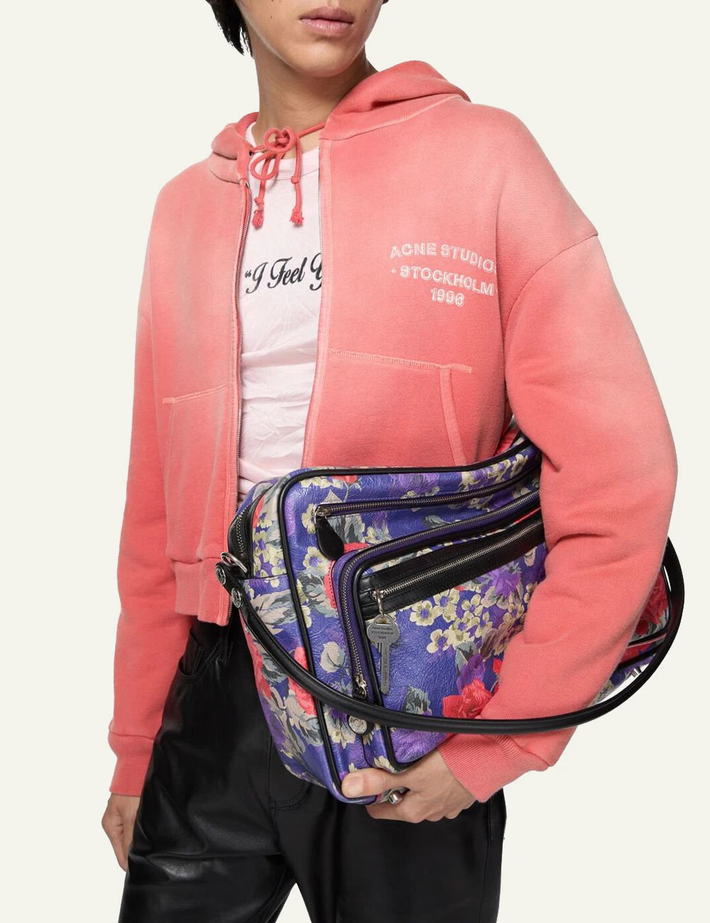 Acne Studios zip hoodie pink sun kissed fade fleece logo chest front model view