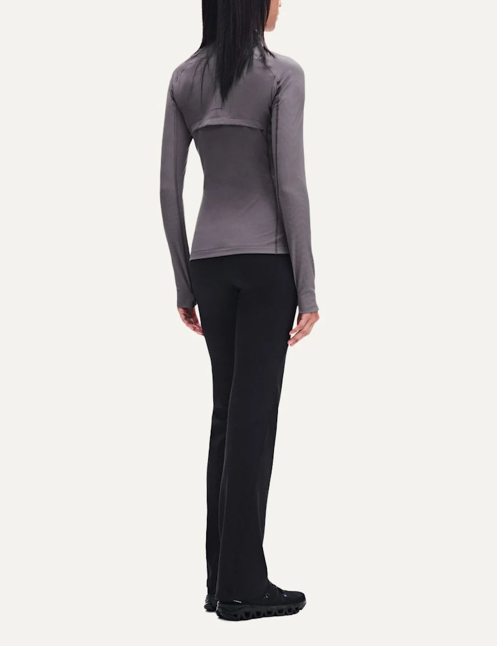ON women's grey brown soft stretch fitted training jacket with high neck and zip closure back