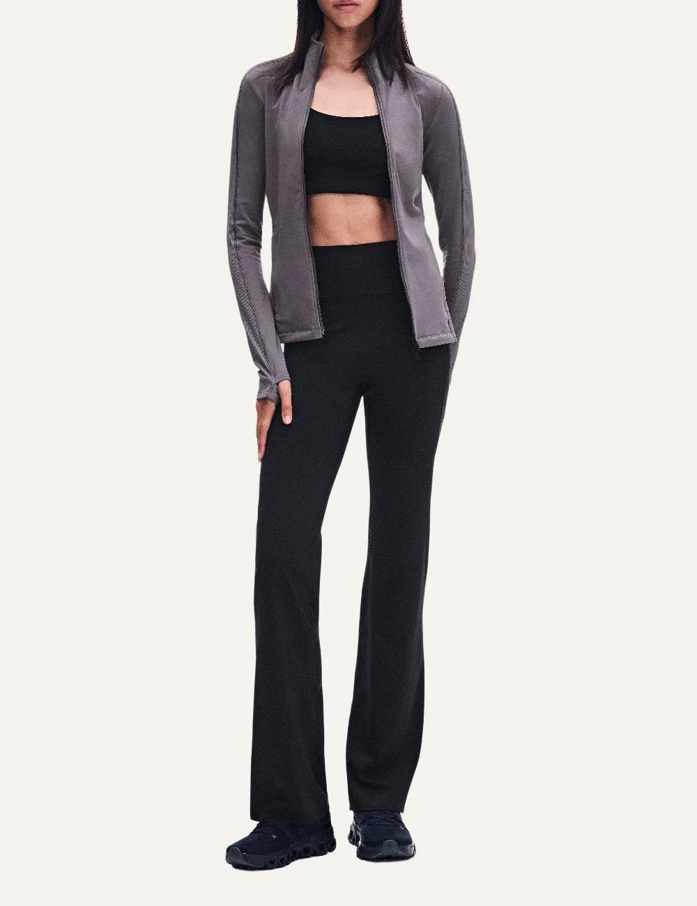 ON women's grey brown soft stretch fitted training jacket with high neck and zip closure full body
