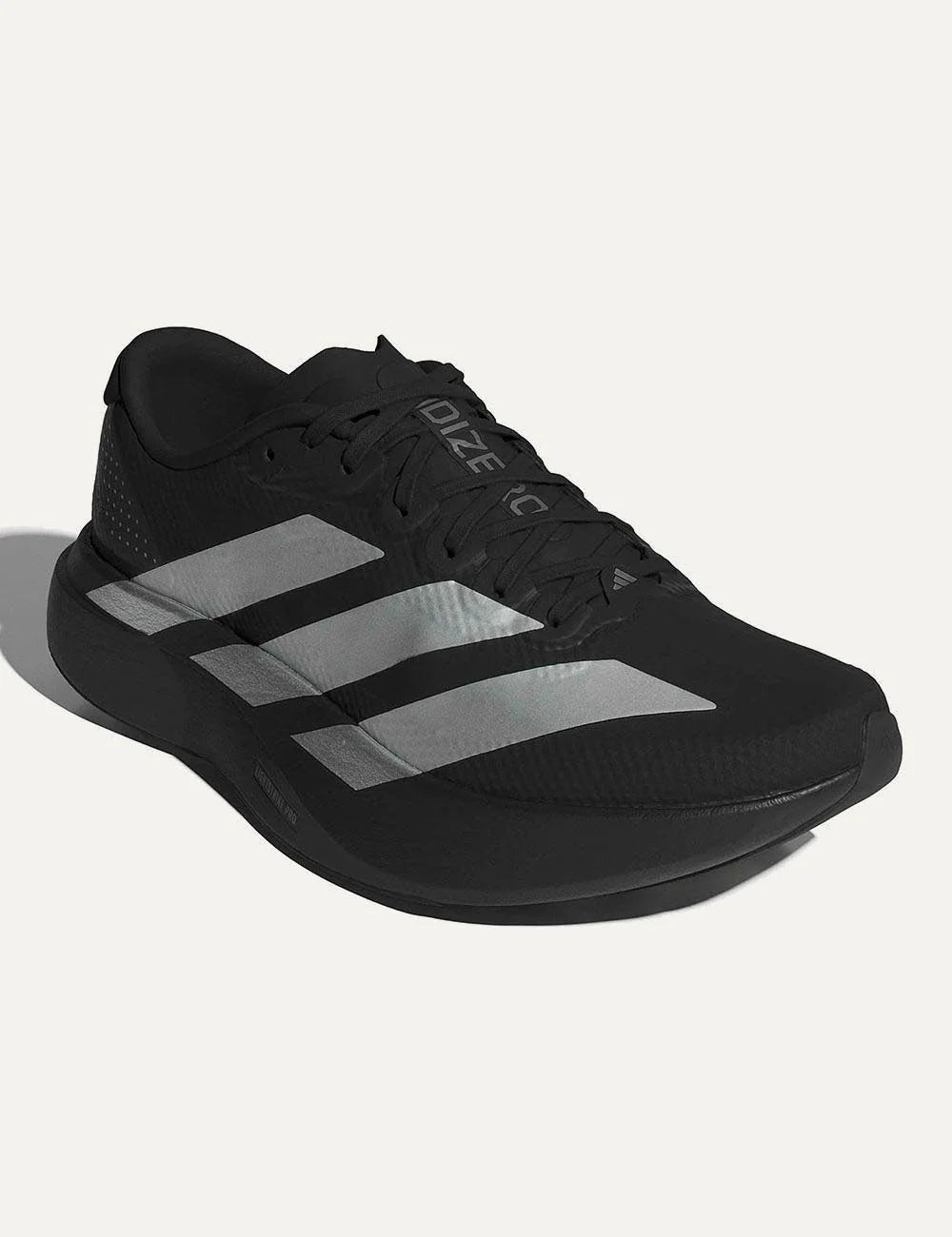 Adidas Adizero Evo SL sneaker black me silver stripes angled view