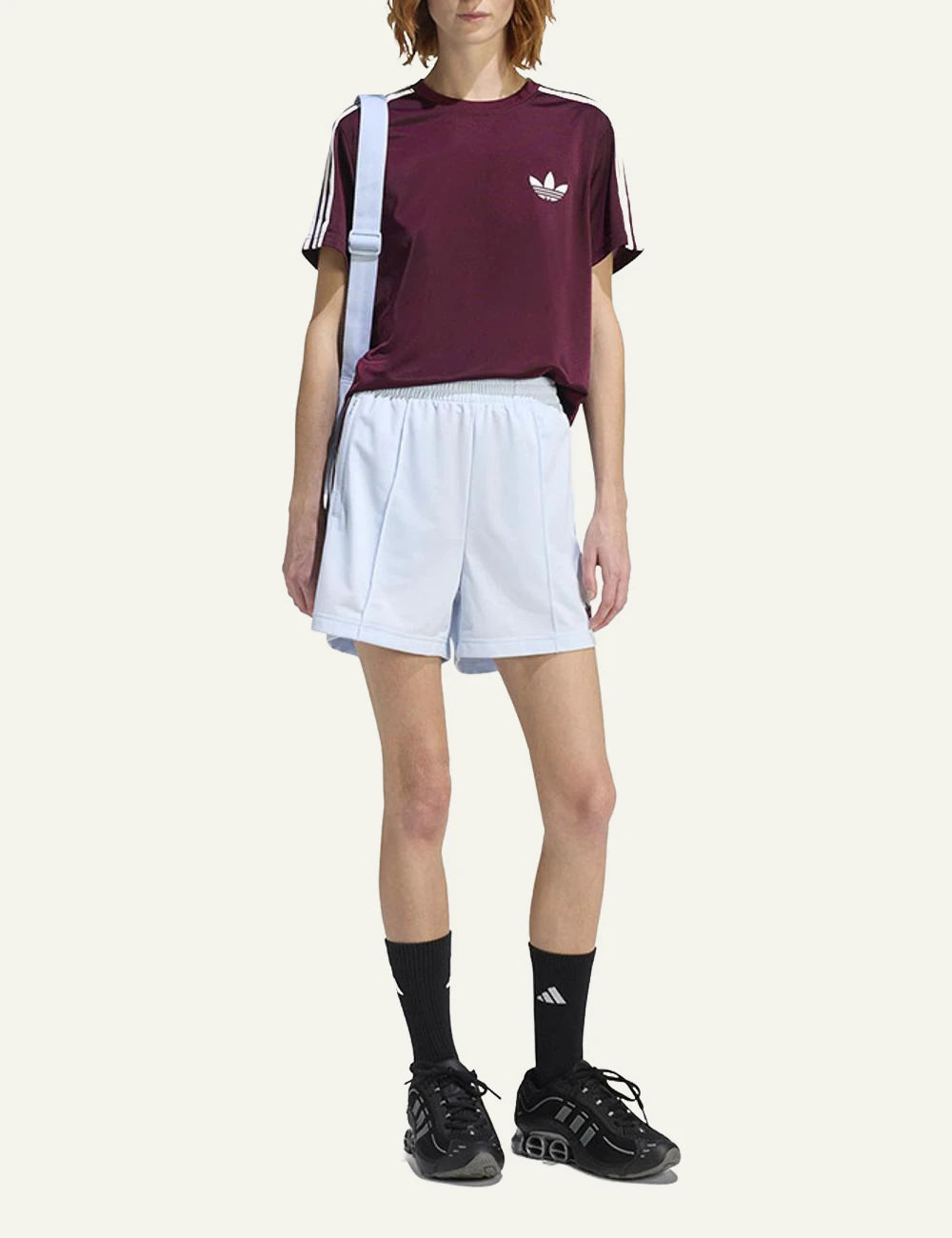 Adidas Originals Firebird shorts light blue burgundy stripes front full body view