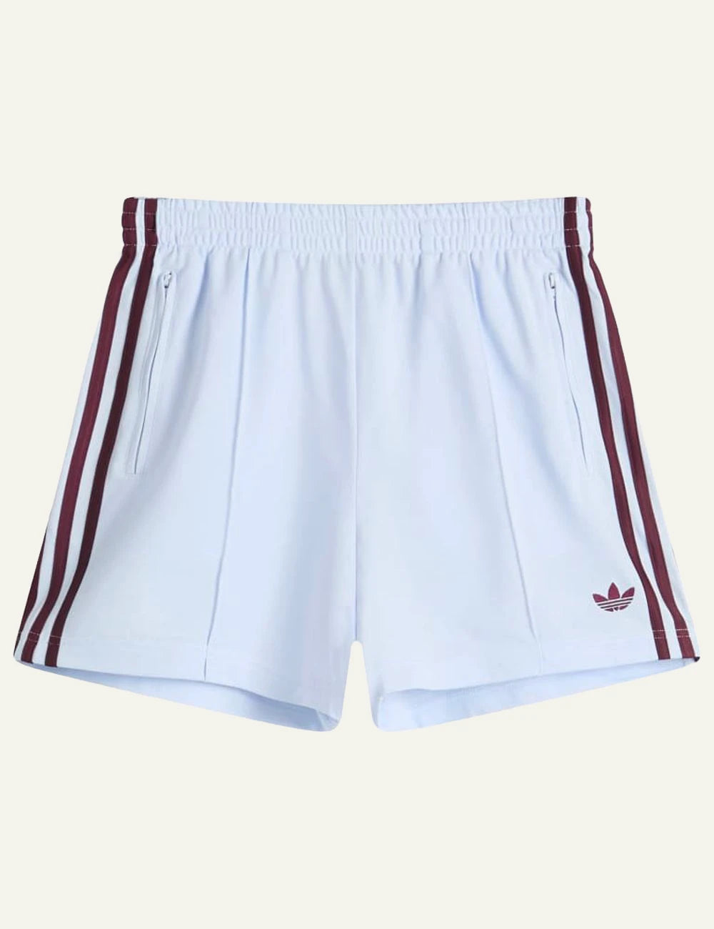 Adidas Originals Firebird shorts light blue burgundy stripes front flat view