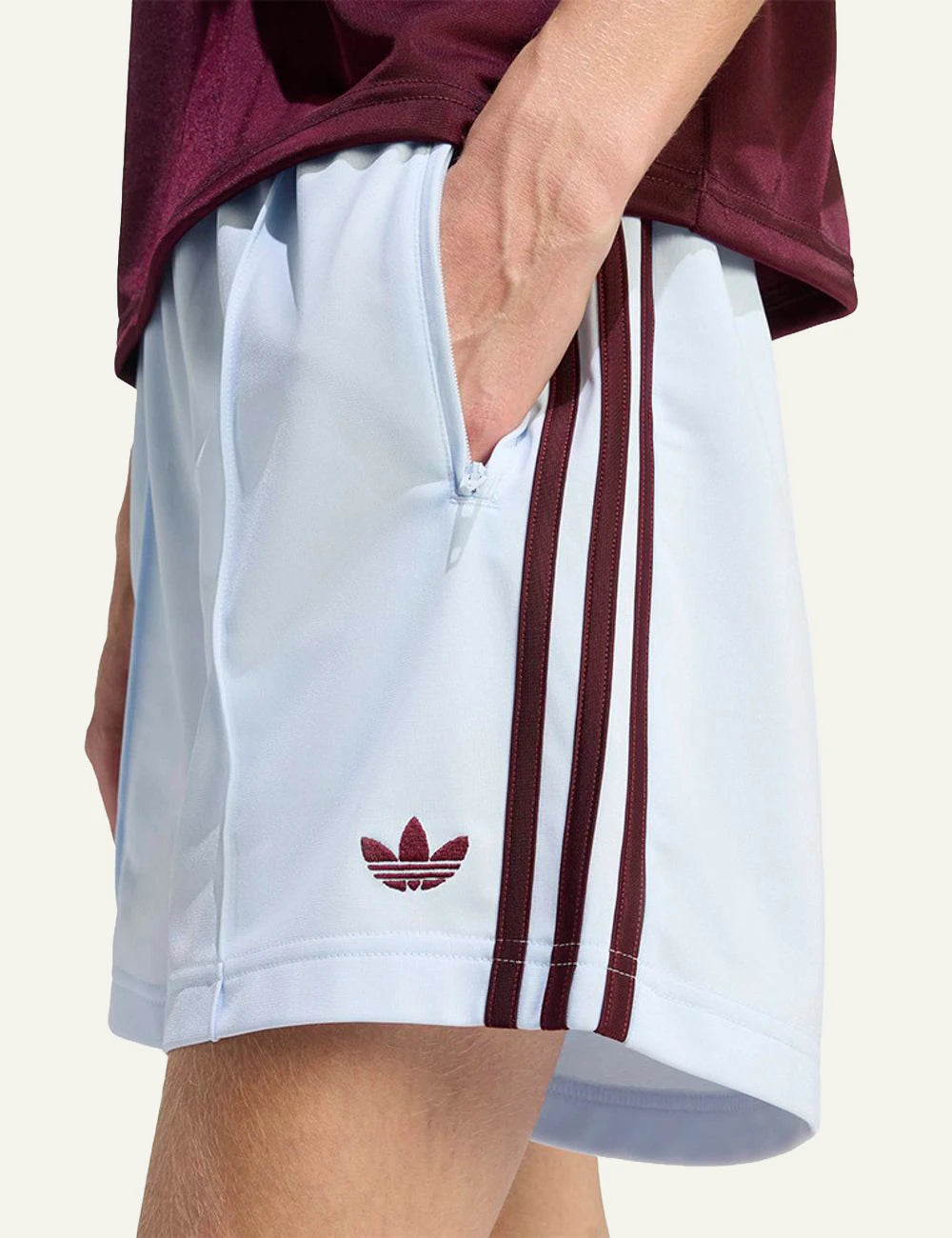 Adidas Originals Firebird shorts light blue burgundy stripes side logo view