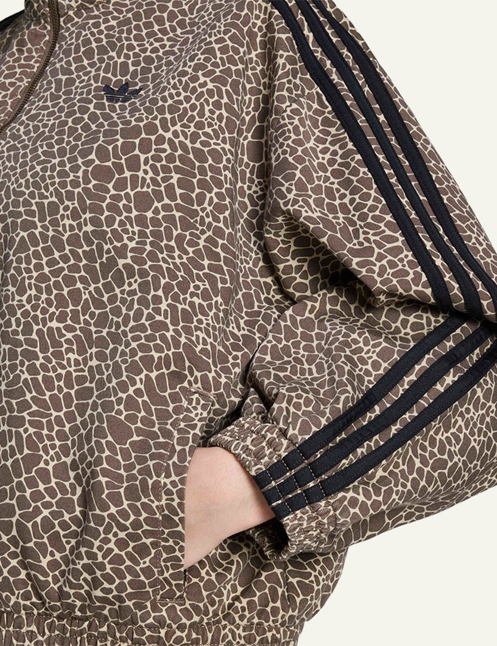 Adidas Firebird oversized AOP jacket brown animal print front view detail