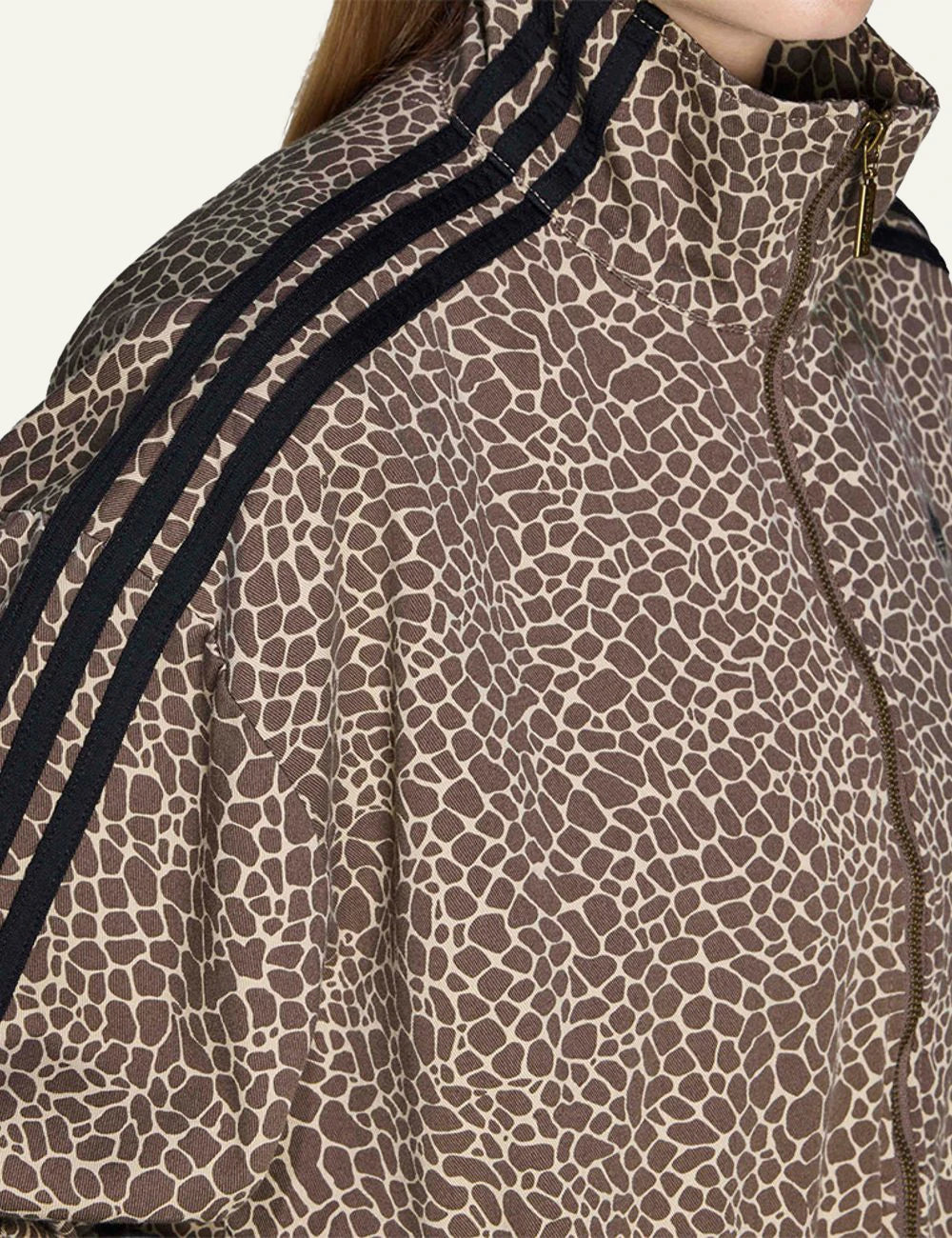 Adidas Firebird oversized AOP jacket brown animal print side view detail