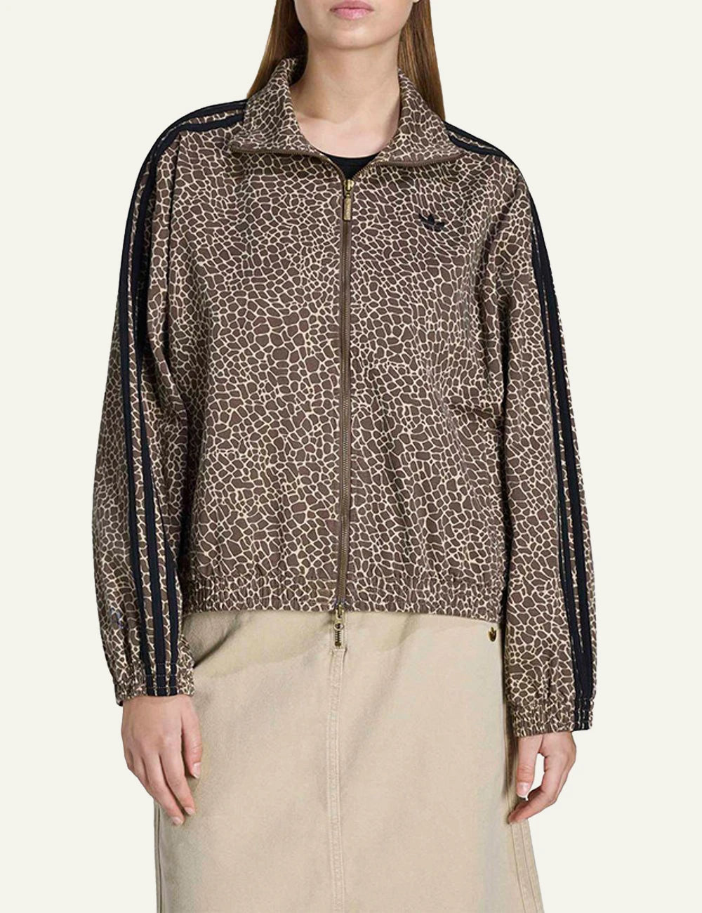 Adidas Firebird oversized AOP jacket brown animal print front view