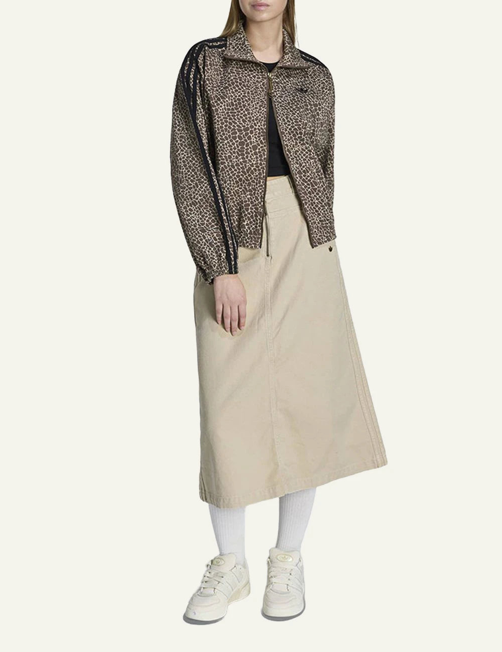 Adidas Firebird oversized AOP jacket brown animal print front view full body