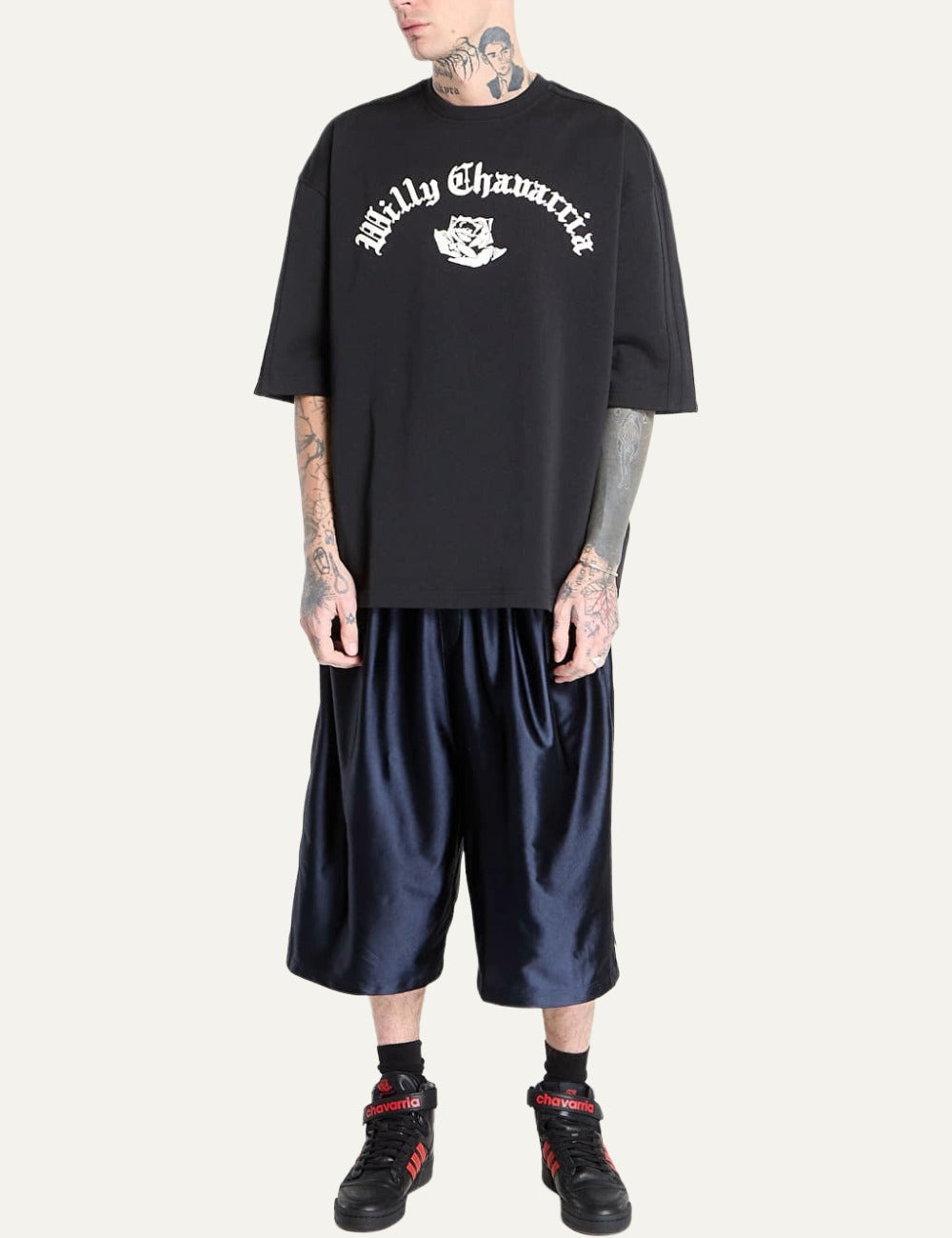 adidas Originals x Willy Chavarria men satin pants full body view athletic streetwear